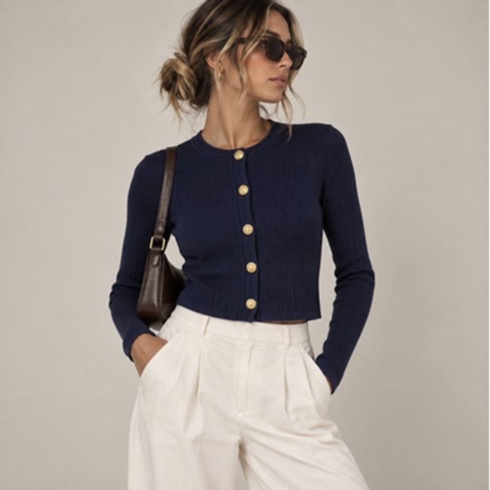 Zara Cardigan Sweater Womens Small Navy Blue Rib Knit Gold Button Crop Crew Neck